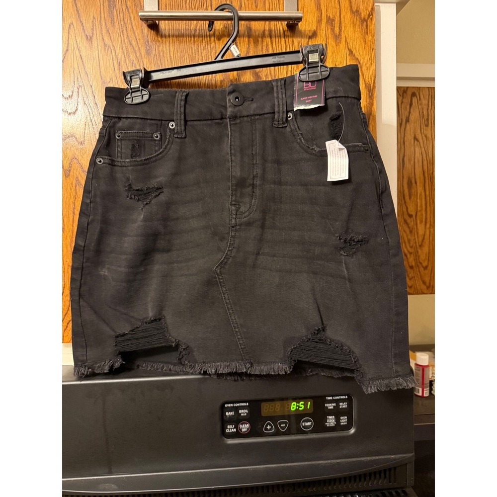 No Boundaries Black Denim Super High‎ Rise Distressed Mini Skirt Size 11